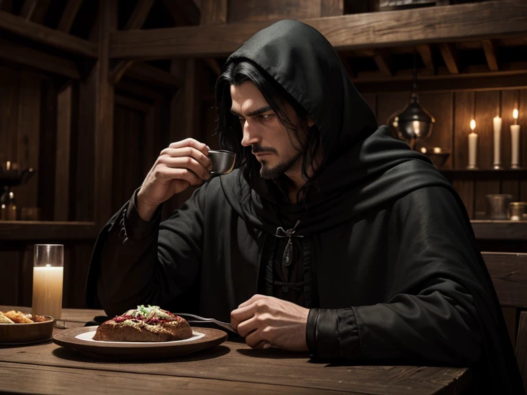 a man in black clothes, a black cloak with long black hair, a pointed nose, thin lips, stubble, sad, sits in a tavern at a wooden table, on the table there is a plate of food and a wooden mug with a handle, medieval side view