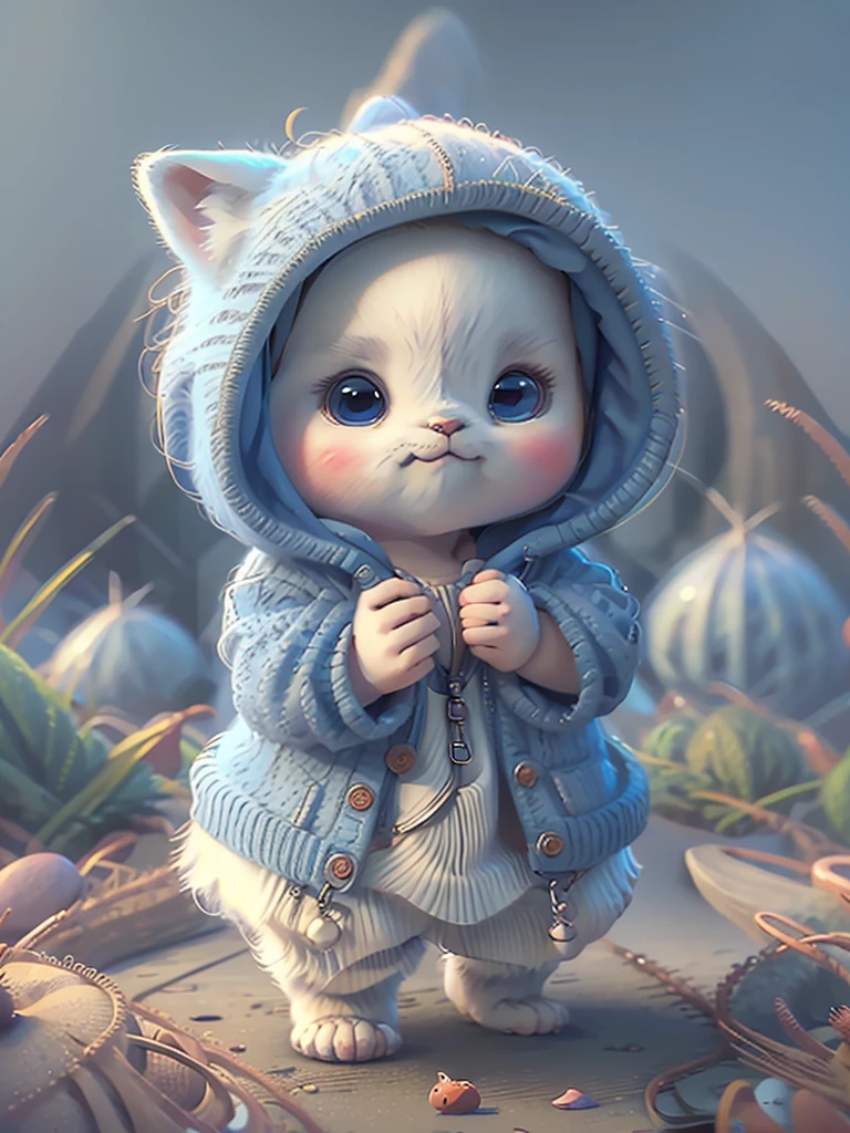 masterpiece, highest quality, cute cat, Wearing a blue hooded casual suit, White sneakers, Cool expression, Cute digital illustration art,