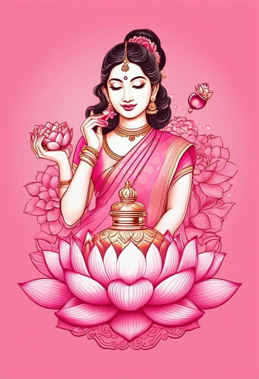 
Laxmi holding perfume bottle,pink color, lotus and rose flower, illustration,Pink BG