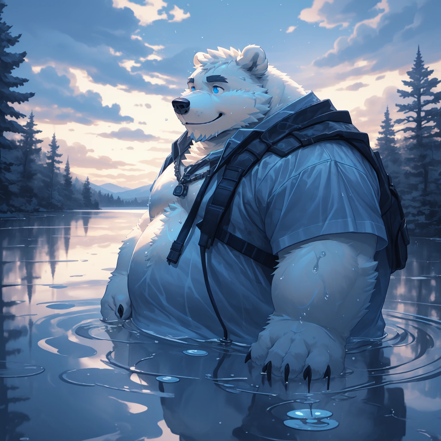 New Jersey 5 Furry，polar bear，Exquisite，Solitary，Chubby，Fat，Thick arms，Rugged muscles，White plush fur，Chubby脸，Black eyebrows，Sky blue eyes，Beard，absurd, Detailed background, lake, dawn, Detailed forest, cloud, Mysterious and romantic atmosphere, caustics(refraction, polarization)Perfect anatomical structure(Handsome 1boy, Solitary，front Photo，single, Beast field, Focus only)Volumetric Lighting, Wet clothes, Water Drop(Furry personification)(Very fine body hair)whole body, Soft and delicate tones, Drama,Smile