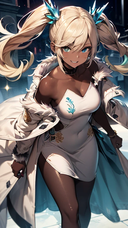 Iooiklas,Platinum Blonde Hair,Twin tails, hair ornaments, White Dress, Black knee socks, 
Removable sleeves,Complex eyes,Beautiful fine details,Symmetrical eyes,Big eyes:1.5,Seductive eyes, 
(((dark skin,dark_skin,lustrous skin:1.5,bright skin: 1.5,
skin tanned,shiny skin,very shiny skin,Shiny body,plastic glitter 
skin,exaggerated shiny skin,illuminated skin))),
(,Detailed body,(Detailed face)), cute,Lewd,erotic,Bold,Camel toe revealing outfit,show skin,(((Sexy aqua fur coat, Aqua fur coat outfit,
 wearing a Ice Dress:1.3,aqua 冬 coat))), ((Ice Dress,elegant Ice Dress)),
(White gloves,White clothes,(((Complex outfit,Complicated clothes,Embroidered costume,Glamorous costumes,Embroidered clothes,Open your mouth,smile,
Glamorous clothing))),skinsuit, Bodysuits, pantyhose,
High resolution,Sharp focus,(Super detailed,Very detailed),(Very detailed CG unity 8k wallpaper),
(((Vibrant colors))),dynamic pose,Marble Temple,Stone pillars,whole body,Magic circle behind,