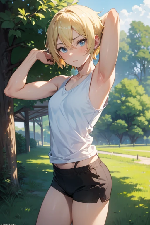 anime boy with a short blonde hair and a white tank top posing for a picture, seductive anime femboy, attractive anime boy, extremely detailed artgerm, anime girl, on a farm, painted in anime painter studio, fit boy, muscular boy, (anime boy), femboy