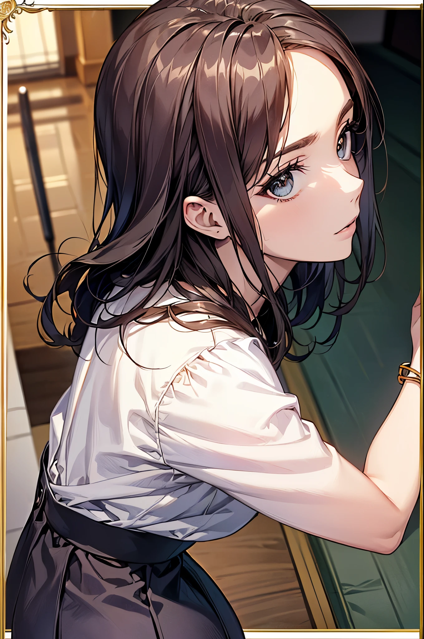 ((Biologically correct limb count))、(( whole body including face))、4K、Masterpiece、((Focus on the face))、((Symmetrical, well-proportioned facial features))、Eyes with delicate depictions、(((1 person)))、Beautiful woman、Outstanding style、Slender Body、(High heels with anklets、Shiny Stockings)、(((shirt、Checked skirt)))、(((White frame photo)))、((Looking up))、Shy、(((Scene during fitness)))、(((Close-up photo of the upper body)))、High angle、Early morning palace、