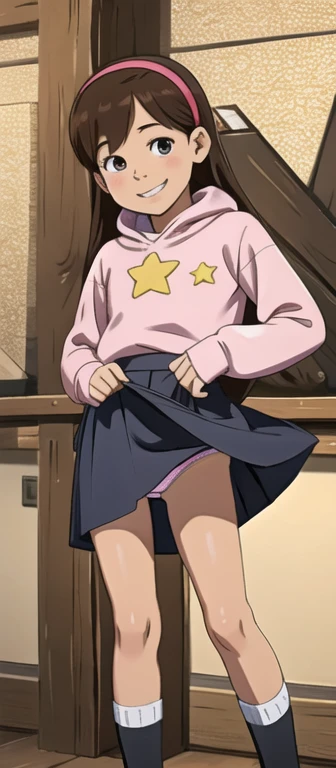 masterpiece, high quality, MabelPines, 1girl, brown hair, long hair, hair band, smile, braces, looking at viewer, sweter, skirt, skirt lift, panties, shoes, star print