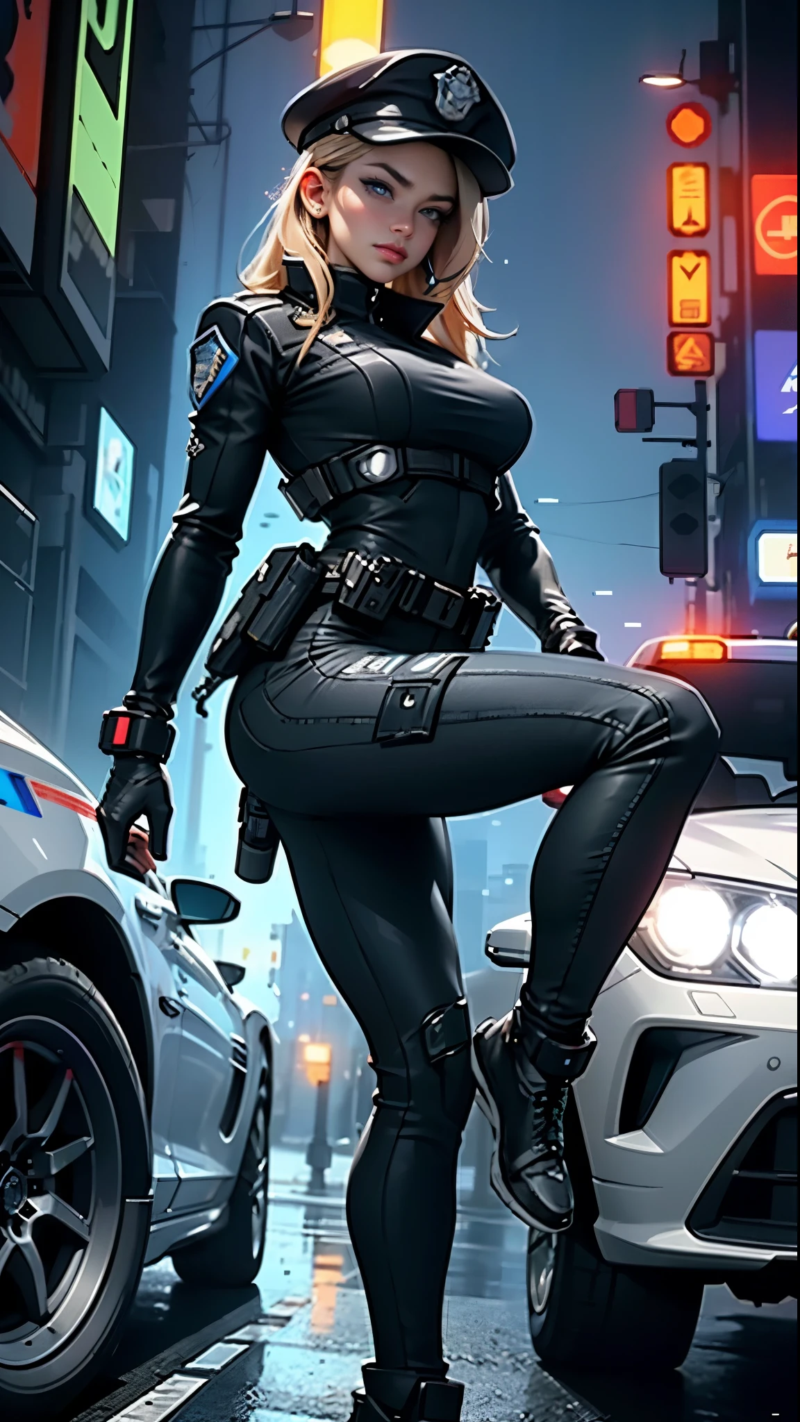 Highest image quality，Outstanding details，Ultra-high resolution，The police of the future，Mecha pie，She wears a futuristic SWAT uniform，She stood in front of the police car，Very sexy，nedium breasts，cleavage，brassier，underdressing，pantiess，Robust body，Sexy and robust，Detailed abs，Detailed muscle lines，dynamicposes，the night，Future city street view background，neonlight，sense of science and technology，future-tech，Very detailed cyberpunk style，cyber punk perssonage，Highly detailed police uniforms，Highly detailed police cap，Highly detailed police force，Highly detailed police badge，Highly detailed armbands，Highly detailed police strips，Highly detailed epaulettes，wear police cap，Highly detailed electric batons，Highly detailed guns，The gun of the future，intercom，Wireless devices，Highly detailed handcuffs，Highly detailed police equipment，Highly detailed police car，Future police car，frontage，Full body photo，Look from the bottom up，look from down, looki at viewer，Normal limbs，Harmonious body proportions，Normal fingers，Normal face，Normal eyes，Normal facial features