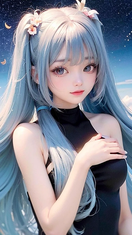 (highest quality, masterpiece), One Girl, Twin tails、stop temporarily, particle, Wind, flower, Upper Body, Simple Background, View your audience, , milky way,smile、Turquoise Eyes、（Silver long hair）、Red eyeshadow、flower柄、See-through、Black bodysuit king、Braid、Twin tails、Wind、Crescent Moon