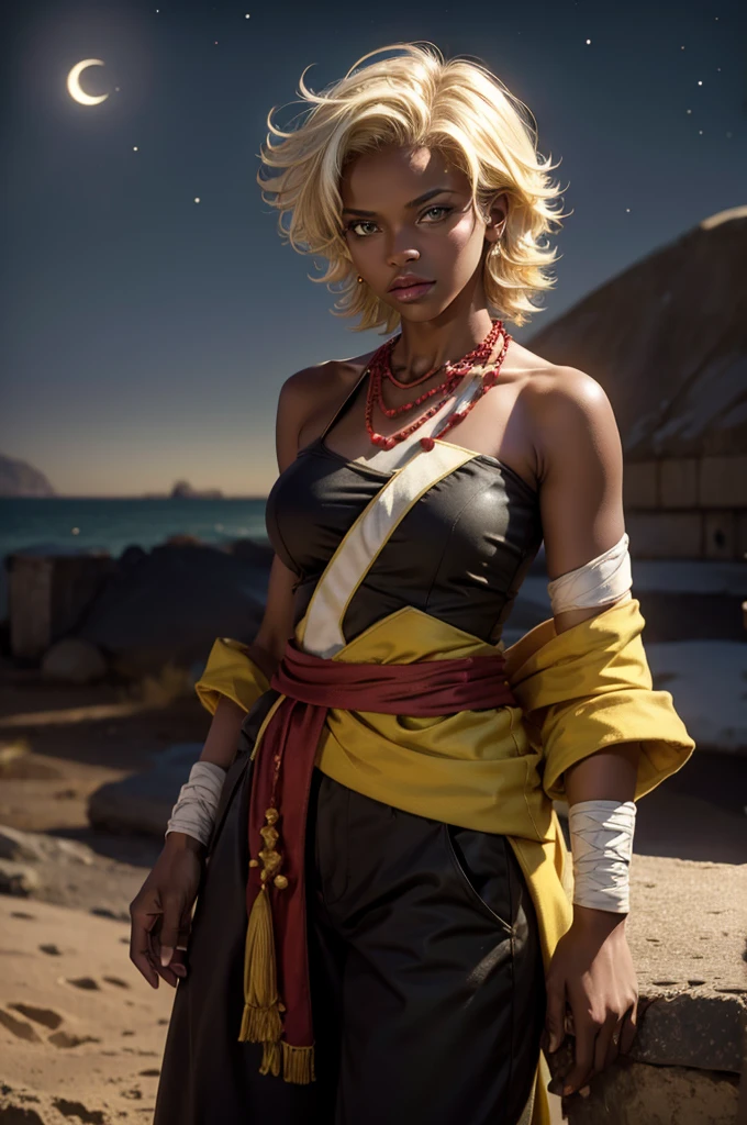 arslanaltan, 1girl, blonde hair, short hair, green eyes, dark skin, brown skin, hair ornament, sash, baggy pants, bandages, bare shoulders, necklace, (Masterpiece, Best Quality, Highres:1.2), Detailed, Intricate Details, 4K, solo, cowboy shot, high rating, standing, rooftop, city, looking at viewer, night, stars, moon