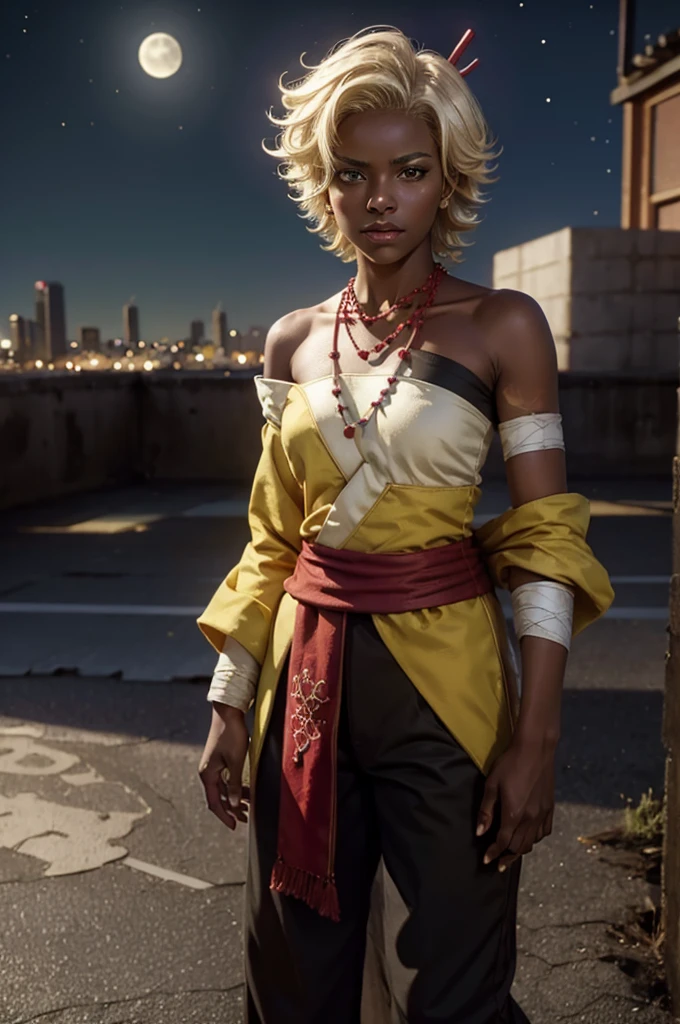 arslanaltan, 1girl, blonde hair, short hair, green eyes, dark skin, brown skin, hair ornament, sash, baggy pants, bandages, bare shoulders, necklace, (Masterpiece, Best Quality, Highres:1.2), Detailed, Intricate Details, 4K, solo, cowboy shot, high rating, standing, rooftop, city, looking at viewer, night, stars, moon