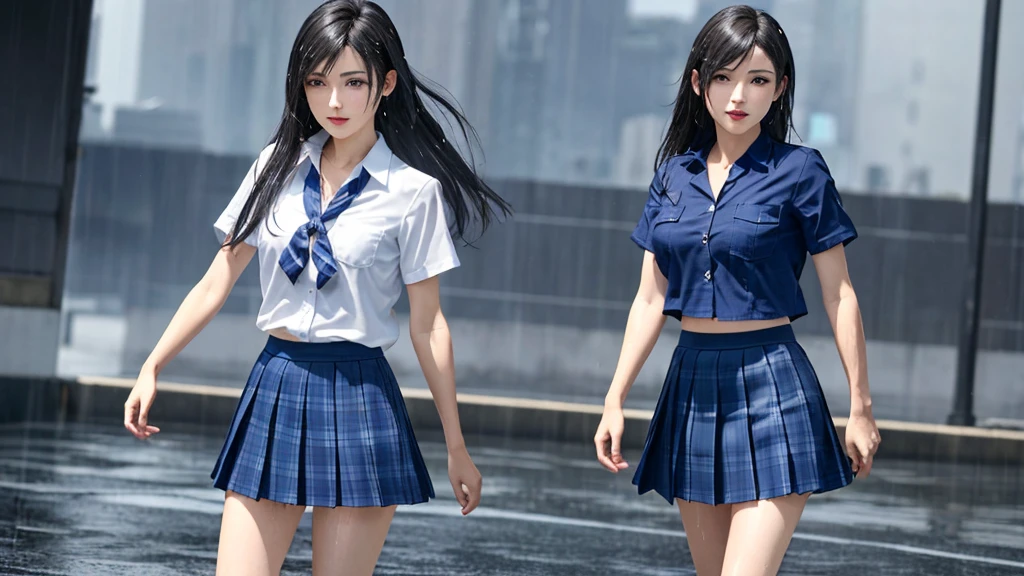(highest quality, Tabletop: 1.1), (Realistic: 1.3), (photoRealistic: 1.3),wallpaper, break (((FF7,Tifa_Lockhart))),(((Japanese JK uniform,White short sleeve shirt,Navy blue plaid pleated mini skirt,Dark blue short socks,loafers))),(Background metropolis,Shibuya Ward:1.1,Heavy Rain:1.3,neon:1.2),(Sculpture Pose:1.3,Nogizaka Idol),Highly detailed face, Fine grain,Red eyes, break (((FF7,Tifa_Lockhart))),(Black brown hair, Large Breasts: 1.2), break , Around 18 years old,cute,(Focus on the calves:1.2,Hair back:1.2),Sensual,zettai_ryouiki:1.1,View your viewers,Beautiful feet,walking,Wet body:1.3,heavy rain ,(雨にWet body: 1.3), (Bodysuit with water drops: 1.3), (Rain-soaked hair: 1.3) , (Rain-soaked bangs: 1.3), (Rain-soaked shirt: 1.3) ,