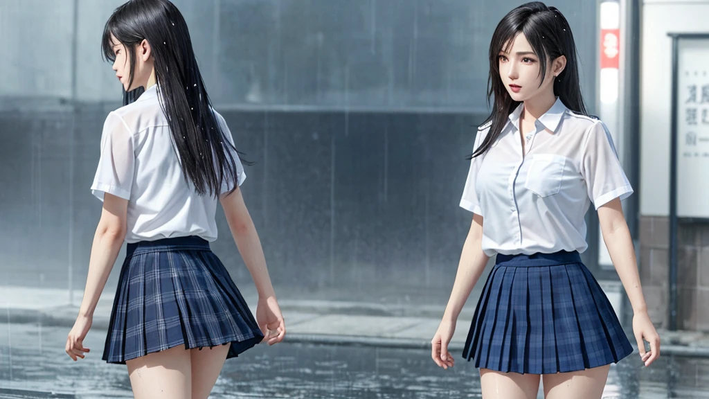 (highest quality, Tabletop: 1.1), (Realistic: 1.3), (photoRealistic: 1.3),wallpaper, break (((FF7,Tifa_Lockhart))),(((Japanese JK uniform,White short sleeve shirt,Navy blue plaid pleated mini skirt,Dark blue short socks,loafers))),(Background metropolis,Shibuya Ward:1.1,Heavy Rain:1.3,neon:1.2),(Sculpture Pose:1.3,Nogizaka Idol),Highly detailed face, Fine grain,Red eyes, break (((FF7,Tifa_Lockhart))),(Black brown hair, Large Breasts: 1.2), break , Around 18 years old,cute,(Focus on the calves:1.2,Hair back:1.2),Sensual,zettai_ryouiki:1.1,View your viewers,Beautiful feet,walking,Wet body:1.3,heavy rain ,(雨にWet body: 1.3), (Bodysuit with water drops: 1.3), (Rain-soaked hair: 1.3) , (Rain-soaked bangs: 1.3), (Rain-soaked shirt: 1.3) ,