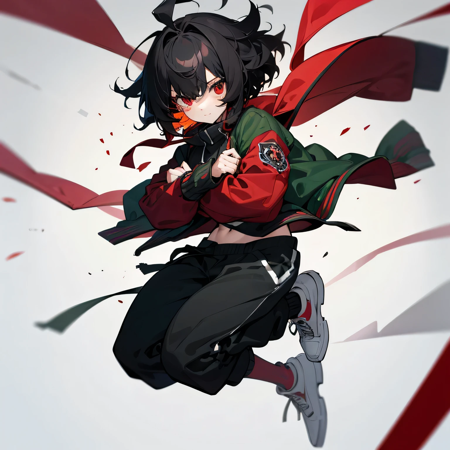 Best quality: 1.0), (Super High Resolution: 1.0), Anime girl, medium black messy bob hair, red eyes, dark green letterman jacket with black arms, slight smile, grey sweatpants, white shoes, hot body,