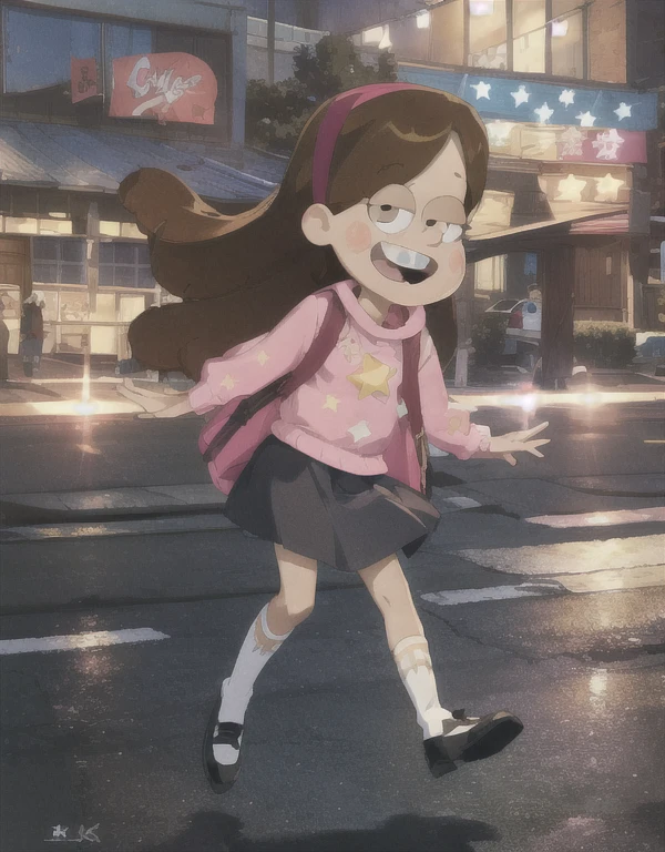 MabelPines, brown hair, long hair, hair band, flat chest, smile, braces, open mouth, sweter, skirt, shoes, star print, outdoors