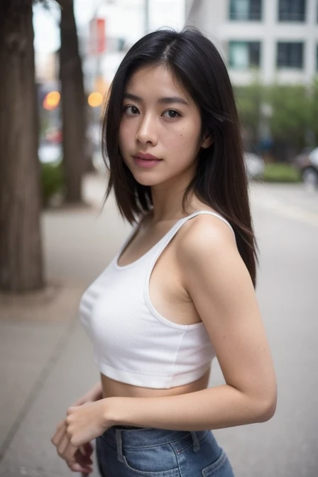A beautiful teenage girl, 14-year-old Linda Park, wearing a super transparent little t-shirt, detailed face, beautiful eyes, lips, and long eyelashes, slender figure, dynamic pose, outdoor natural setting, (best quality,4k,8k,highres,masterpiece:1.2),ultra-detailed,(realistic,photorealistic,photo-realistic:1.37),HDR,UHD,studio lighting,ultra-fine painting,sharp focus,physically-based rendering,extreme detail description,professional,vivid colors,bokeh,portrait,photography