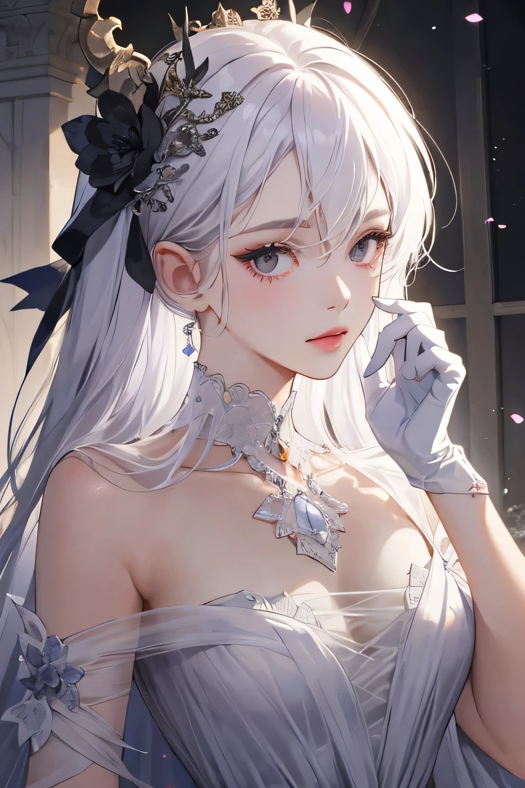 Empress, old girl, girl, 1 girl, beautyfull, elegant, shine, depicting Equal eyes, (A female god) Look at camera, depicting delicate facial features, lilac yunani romawi dress, red gloves, gothic style, ribbon, long curl platinum white hair, extreme detail, delicate depiction, black eyes, royal, elegant, noble, royal dress, black eyes, black eyes, perfect eyes, jewerlly, lilac dress