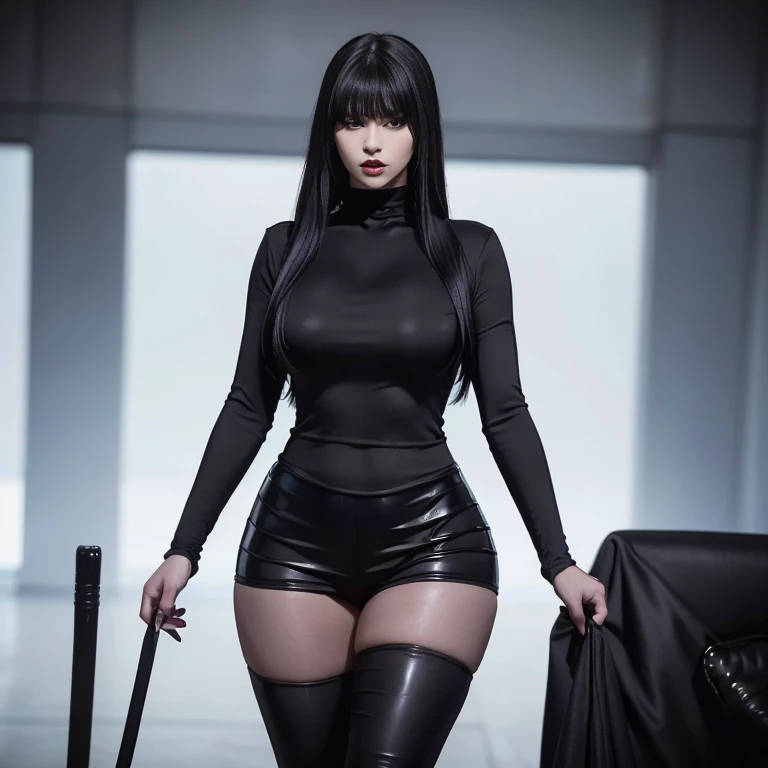 hyper realistic, 16k, best quality, masterpiece, (photorealistic:1.4), 1girl (alone), solo. Pretty young. Gothic aesthetic, goth makeup, black silky hair (realistic texture), hair fringe, realistic eyes, pele-white skin, illuminated skin, realistic shading, (modern) black gothic dress (realistic textures), big hips, tights. waist up, dramatic lighting, from below, front, front view, multiple different poses at different angles, glowing skin, front, back lighting, athletic figure, muscular female, curvy, wide hips, colorful, looking at viewer, Hyperrealistic, gradient background, dark background, outline, cinematic lighting, (chromatic aberration, intricate details)
