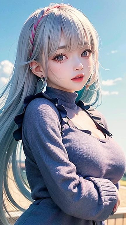 Large breasts、(high quality, masterpiece), One Girl, Twin tails、stop temporarily, particle, Wind, flower, Upper Body, Simple Background, View your audience, , milky way,smile、Turquoise Eyes、（Long silver and light blue hair）、Red eyeshadow、Light pink lipstick、flower柄、Pink Sexy Lolita、Braid、Cute earrings、Wind、Crescent Moon、Dynamic pose、Looking up at the sky、Thick thighs、Big Ass