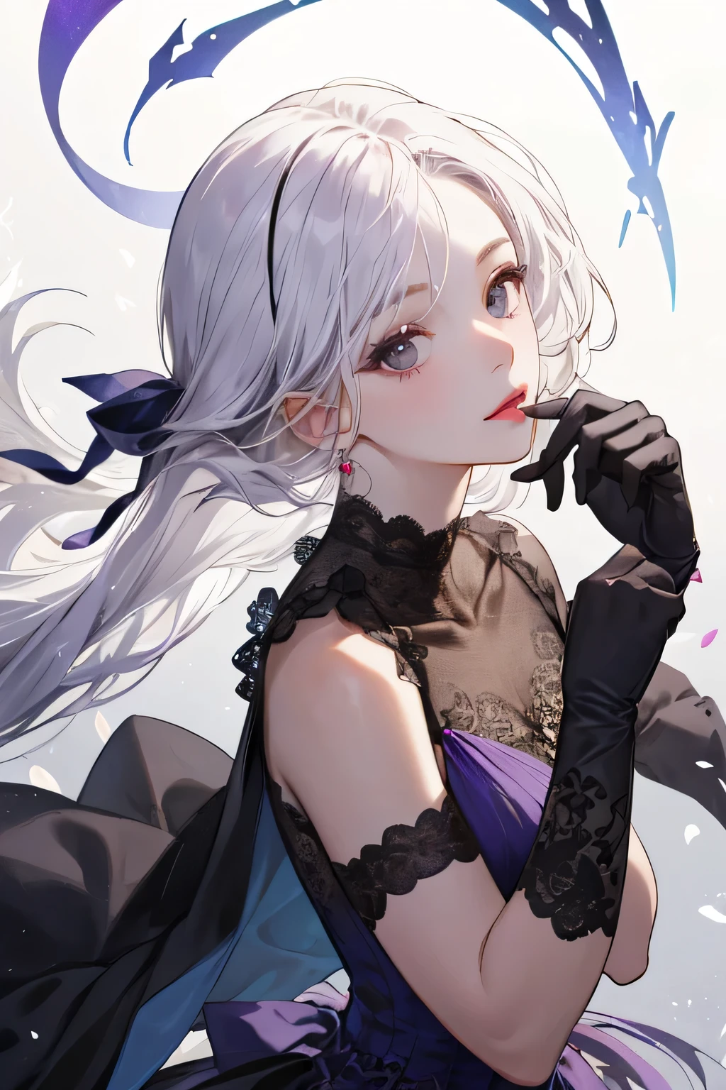 Empress, old girl, girl, 1 girl, beautyfull, elegant, shine, depicting Equal eyes, (A female god) Look at camera, depicting delicate facial features, lilac yunani romawi dress, red gloves, gothic style, ribbon, long curl platinum white hair, extreme detail, delicate depiction, black eyes, royal, elegant, noble, royal dress, black eyes, black eyes, perfect eyes, jewerlly, lilac dress