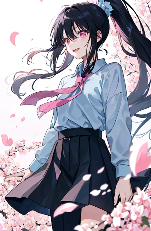 (masterpiece、Top quality、Implications、Very high quality、High level of image quality、Extremely sensitive writing)Girl with long black hair、Joyful expression、Hair blowing in the wind、High Ponytail、Pink eyes、Blue and pink shirt、Black trousers