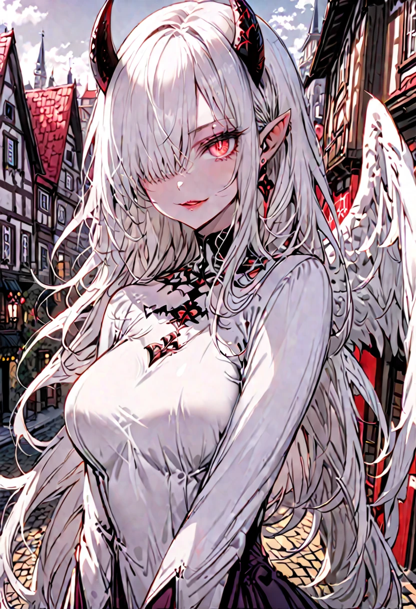 solo, female, medium shot, sfw:1.3, Succubus, white hair, long silky hair, red eyes, slit pupils, black horns, hair over one eye, large white wings, white spade tail, calm smile, large breasts, modest dress, town