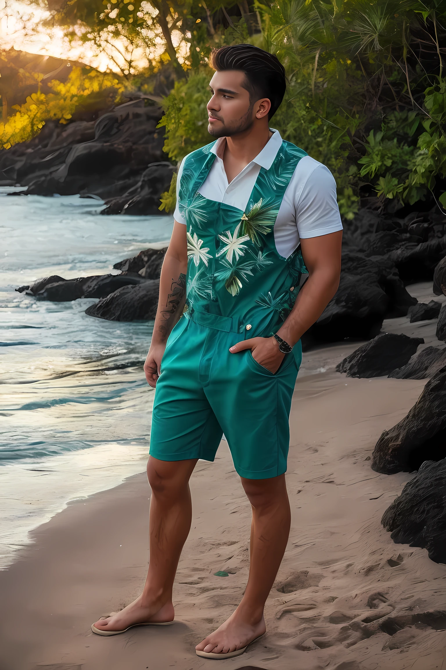 8k uh, DSLR, High quality , raw photos, Realistic photography , Full body, Fujifilm XT3, Canon R5, handsome man , beach , Hawaiian shirt and green overalls