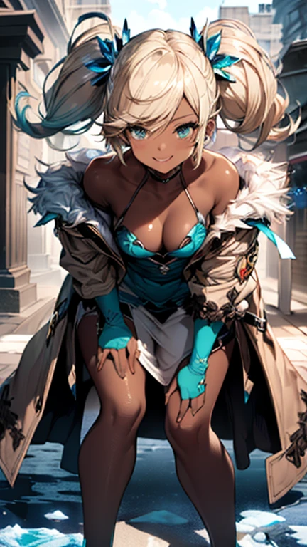 Iooiklas,Platinum Blonde Hair,Twin tails, hair ornaments, White Dress, Black knee socks,
Removable sleeves,Complex eyes,Beautiful fine details,Symmetrical eyes,Big eyes:1.5,Seductive eyes,
(((dark skin,dark_skin,lustrous skin:1.5,bright skin: 1.5,
skin tanned,shiny skin,very shiny skin,Shiny body,plastic glitter
skin,exaggerated shiny skin,illuminated skin))),
(,Detailed body,(Detailed face)), cute,Lewd,erotic,Bold,Camel toe revealing outfit,show skin,(((Sexy aqua fur coat, Aqua fur coat outfit,
wearing a Ice Dress:1.3,aqua 冬 coat))), ((Ice Dress,elegant Ice Dress)),
(White gloves,White clothes,(((Complex outfit,Complicated clothes,Embroidered costume,Glamorous costumes,Embroidered clothes,Open your mouth,smile,
Glamorous clothing))),skinsuit, Bodysuits, pantyhose,
High resolution,Sharp focus,(Super detailed,Very detailed),(Very detailed CG unity 8k wallpaper),
(((Vibrant colors))),dynamic pose,Marble Temple,Stone pillars,whole body,Magic circle behind,Hands on hips,Sitting,Raise your knees,Leg spread,(Anatomically correct),
