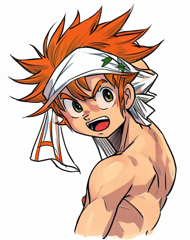 cute -yeld gin irish kid boy, fkles, white bandana, shirtless, athletic physique, strong body