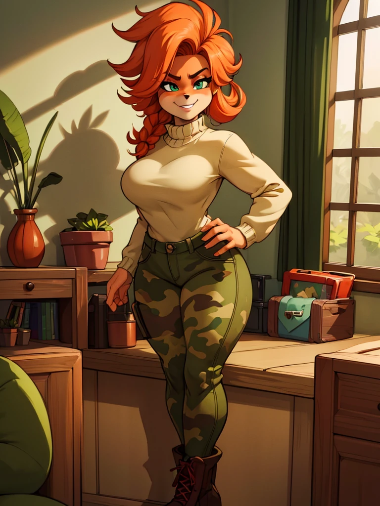 (best quality,4k,8k,highres,masterpiece:1.2),ultra-detailed,realistic:1.37,portrait, anthro bandicoot girl redhead, braided hair, beautiful green eyes, seductive, warm sweater, camouflage pants, army boots, smirking, cozy lighting, vibrant colors.