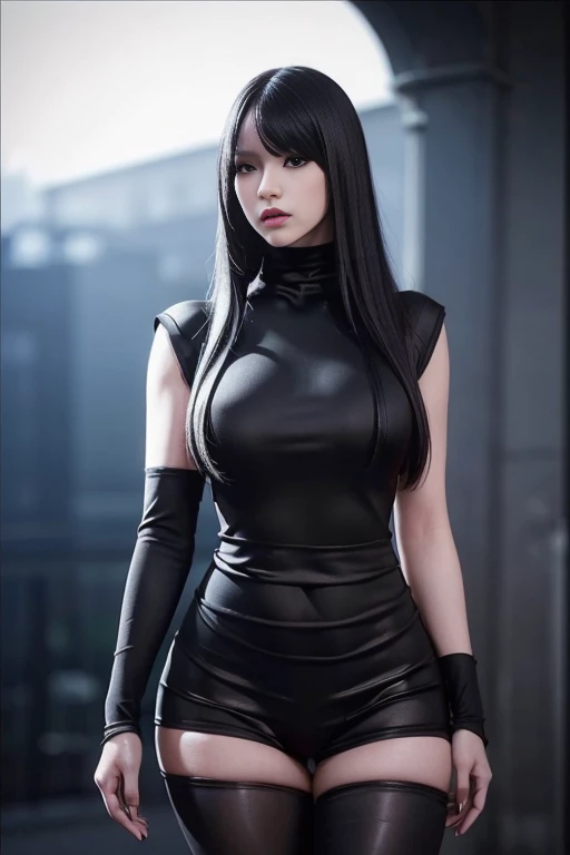 hyper realistic, 16k, best quality, masterpiece, (photorealistic:1.4), 1girl (alone), solo. Pretty young. Gothic aesthetic, goth makeup, black silky hair (realistic texture), hair fringe,  realistic eyes, pele-white skin, illuminated skin, realistic shading, (modern) black gothic dress (realistic textures), big hips, tights. waist up, dramatic lighting, from below, front, front view, multiple different poses at different angles, glowing skin, front, back lighting, athletic figure, muscular female, curvy, wide hips, colorful, looking at viewer, Hyperrealistic, gradient background, dark background, outline, cinematic lighting, (chromatic aberration, intricate details)