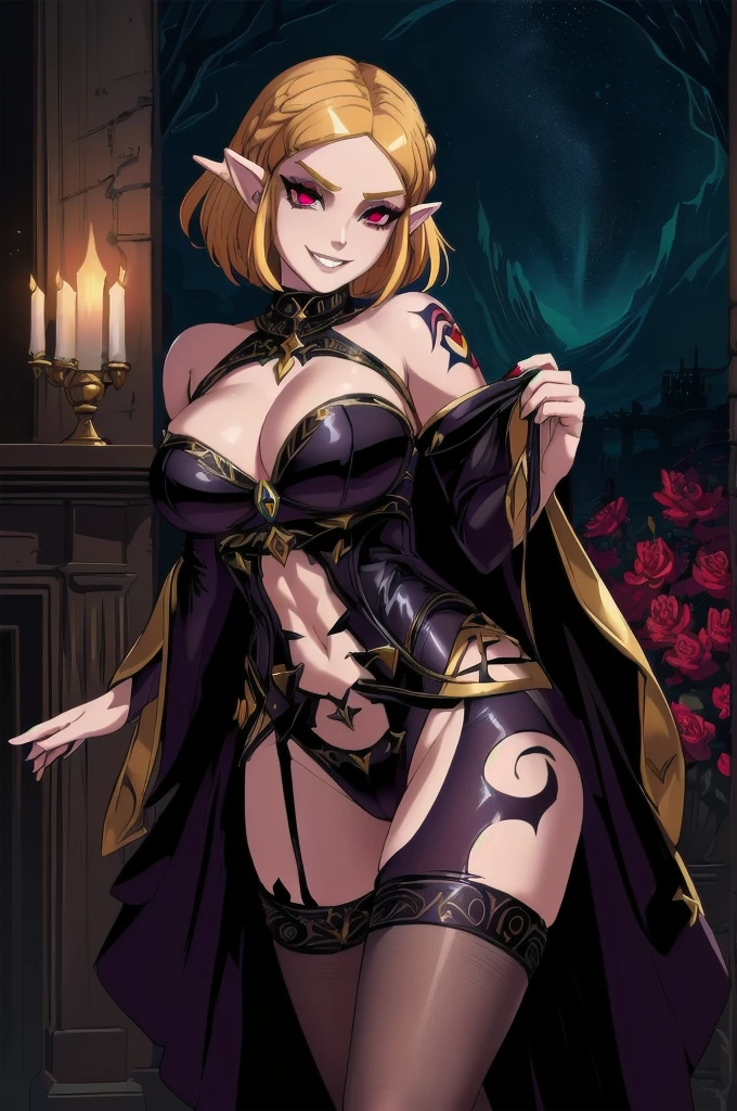(perfect composition),(zelda totk reimagined as a corrupted dark queen by ganon )+++, sfw++,masterpiece, best quality, high quality, illustration, film grain,(perfect female )++, beautiful detailed eyes, (symbol of evil:1.2),milf zelda, lascivious woman, (evil smile:1.1), (villain, dark heroine:1.2), (perfect female proportions:1.1), (seductive eyes:1.2), eyeliner, mascara, sexy makeup, (seductive smile:1.2), (mature woman:1.4),masterpiece, best quality, high quality, illustration, film grain, 1girl, (glowing evil red eyes), evil grin, crazy eyes, (high resolution, masterpiece, ultra best quality, insanely amazing hyper fine extremely detailed, official:1.4) dark heroine anime girl with short hair in a dark and evil place, extremely detailed artgerm, (official:1.4), dynamic composition, (solo girl:1.4), {sfw}, masterpiece, ultra-detailed, iconic attack, dominatrix, spiked collar, dark kingdom, bad end, 1girl, solo female, solo focus, mature female, standing, full body, looking at viewer, dark zelda totk, dark queen, evil, corruption, contrapposto, mind break, blond hair, (short hair:1,5), evil smile, lips, eyelashes, evil grin, dark aura, thigh_clothes, ,alternate costume, bdsm, (intricate details:1.12), (intricate details, hyperdetailed:1.15), hdr, dungeon, (at night:1.2), fireplace, warm light, dramatic light, cinematic,creepy dungeon, dark aesthetic, goth aesthetic, creepy, ominous background, dark atmosphere, death atmosphere, green and red atmosphere, evil dungeon background, gothique, faint darkness, ((red glow crotch tattoo)),
