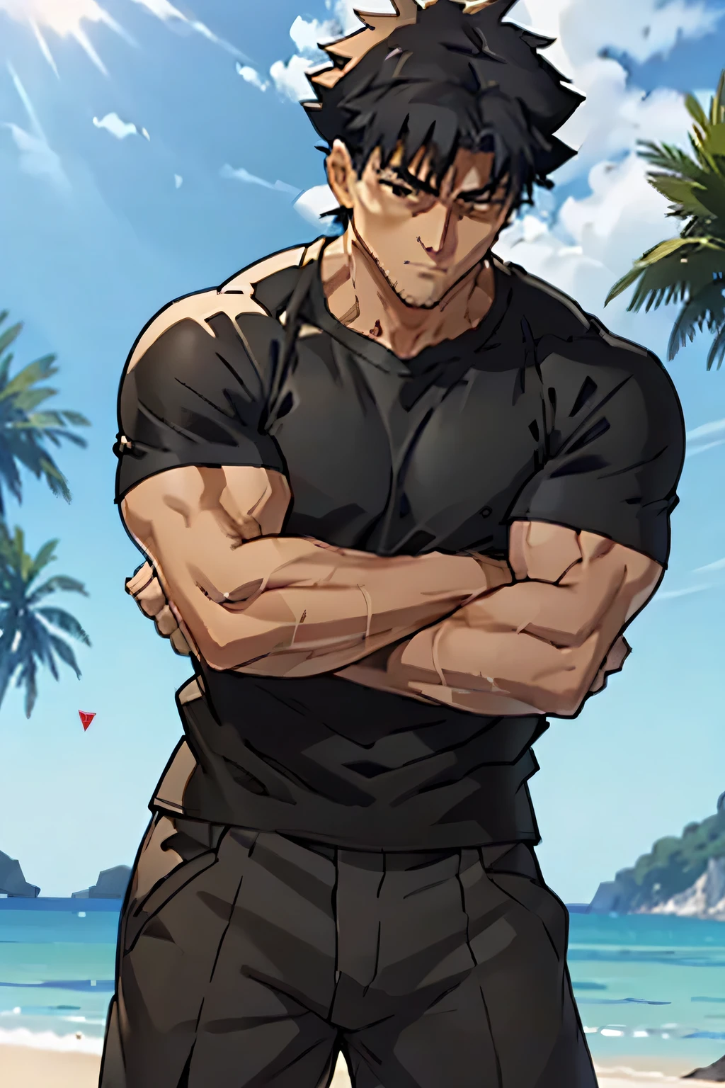 Kiritsugu Emiya,flexing biceps,flexing abs, black tshirt, short sleeves,huge veins on biceps,tshirt lifted up