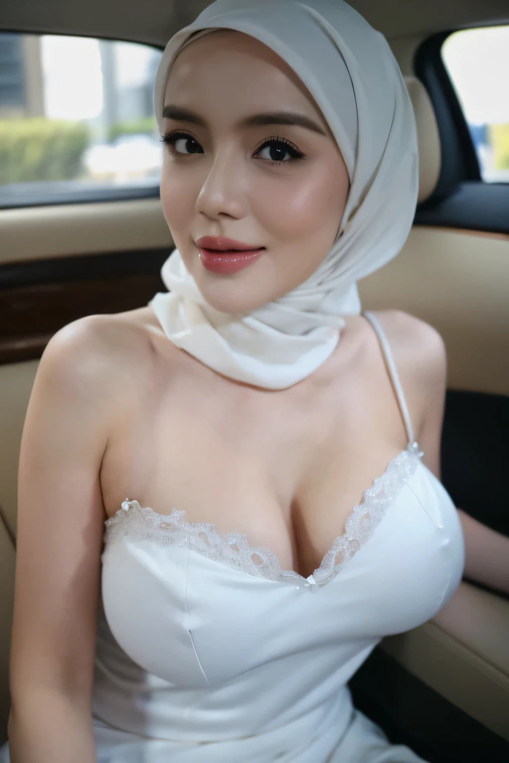A beautiful woman, wearing white hijab, masterpiece, best quality, ultra-detailed, blouse, downblouse, sitting in car, camisole, hands stretching up), ((leaning forward)), (huge breasts 1.6) close shot from front