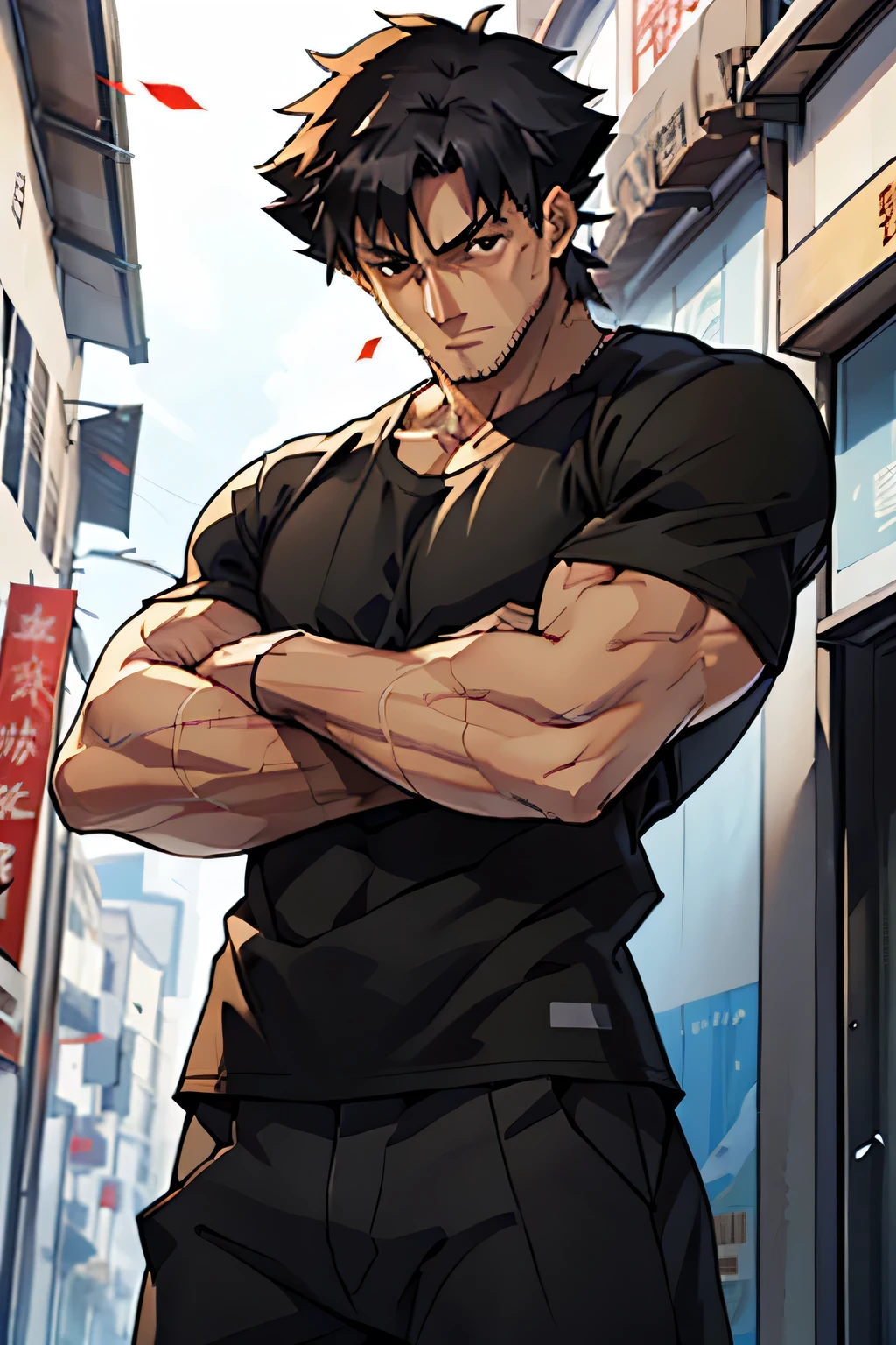 Kiritsugu Emiya,flexing biceps,flexing abs, black tshirt, short sleeves,huge veins on biceps