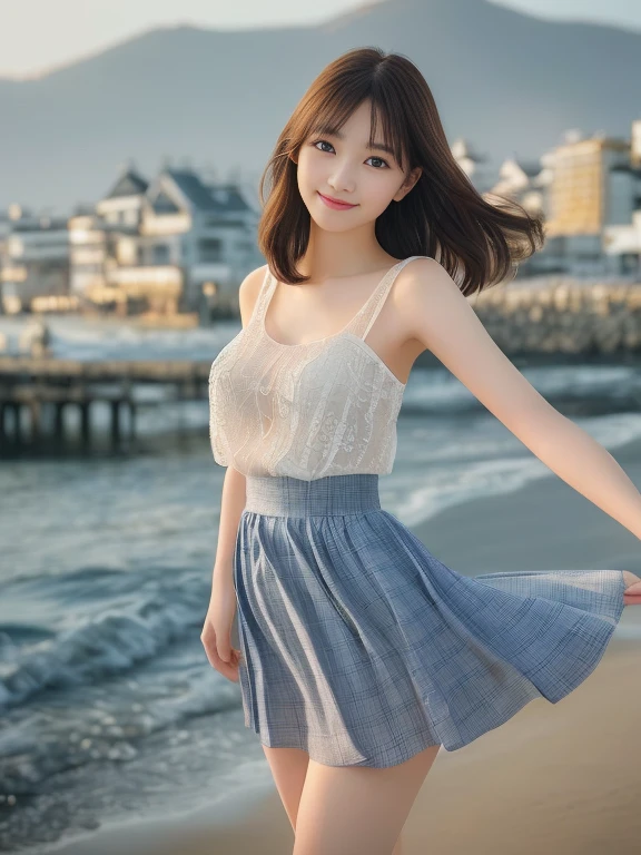masterpiece、Photo-realistic quality、Woman Standing On The Beach, Long stretching sandy beach、Standing on the shore、20Bewitching woman of the year, Sheer white top、Pale gray-blue exy Japan Girl, Mature young woman, sexy and elegant pose,View the photographer、smile、 Japanese Model, Idol, Sexy and beautiful,Beautiful young woman, Beautiful young girl, Lovely lady, Very beautiful girl, Cute Core、(looking at the camera:2.0) 、Detailed and beautiful moist eyes、自然で柔らかいsmile