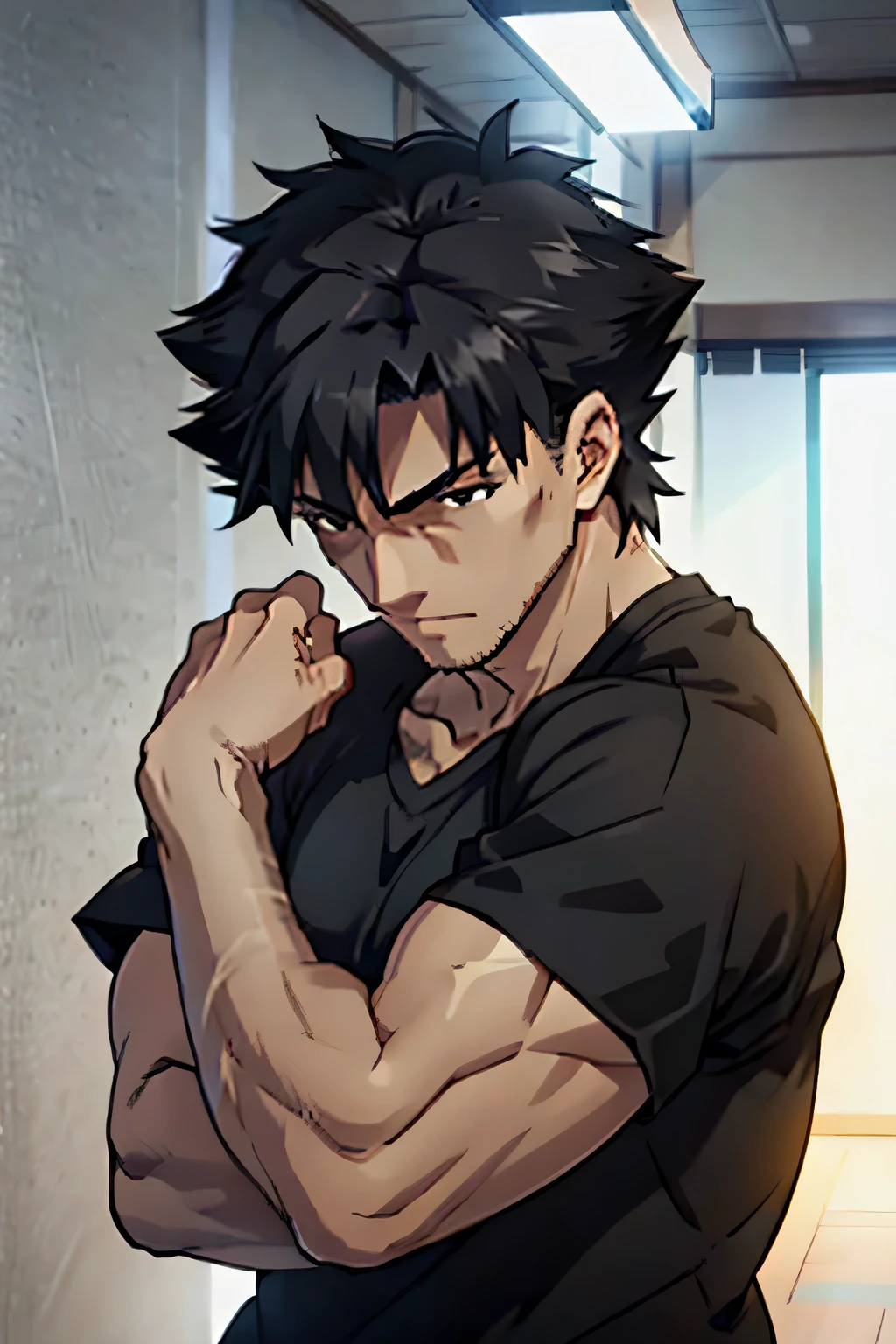 Kiritsugu is sitting and flexing his biceps and abs. He wears black short boxershorts. You can see his thighs. He looks annoyed. He has bulging veins on his arms. He wears a black tshirt with short sleeves. His right sleeve is completely rolled up so you can see his entire arm and shoulder. He is showing his abs too.
