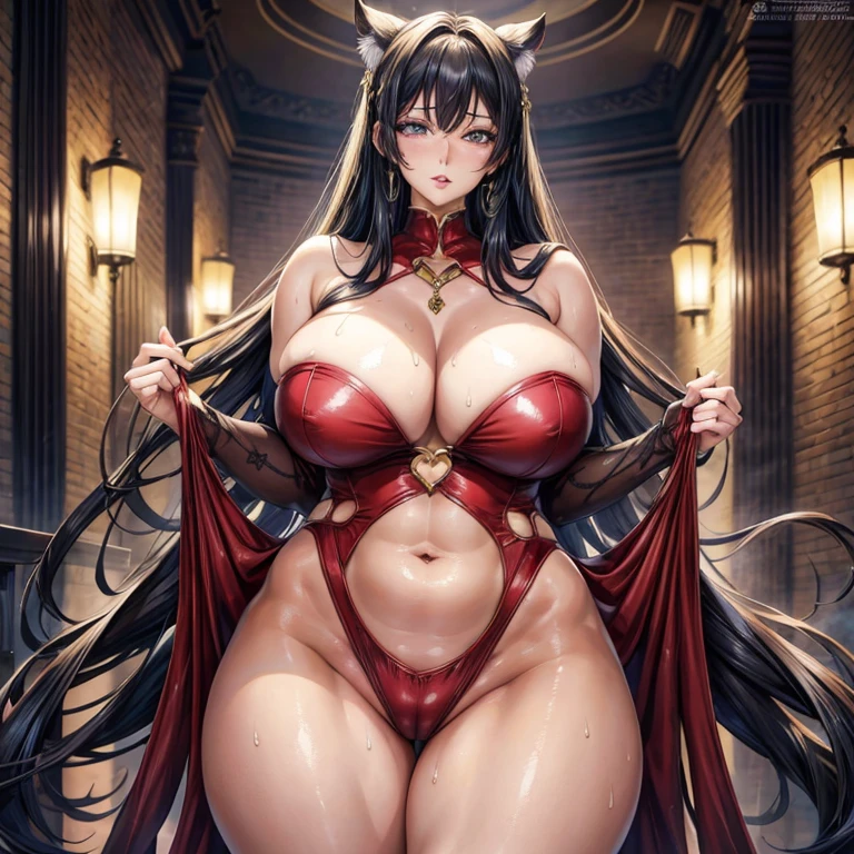 Female manga character with an extravagant hentai design, extensively large breasts that spill over the edges of her tightly fitting, provocative outfit, hips that are equally voluminous and sway side to side, showcasing an alluring curve. Her big, glistening lip exudes sweat, providing a seductive allure as she gazes at the viewer with a come-hither expression. This masterpiece is presented in best quality, boasting an ultra-high resolution of 1.2, and is rendered in a hyper-realistic style with HDR and high dynamic range, bringing out every detail in the vibrant colors and textures of her seductive attire.