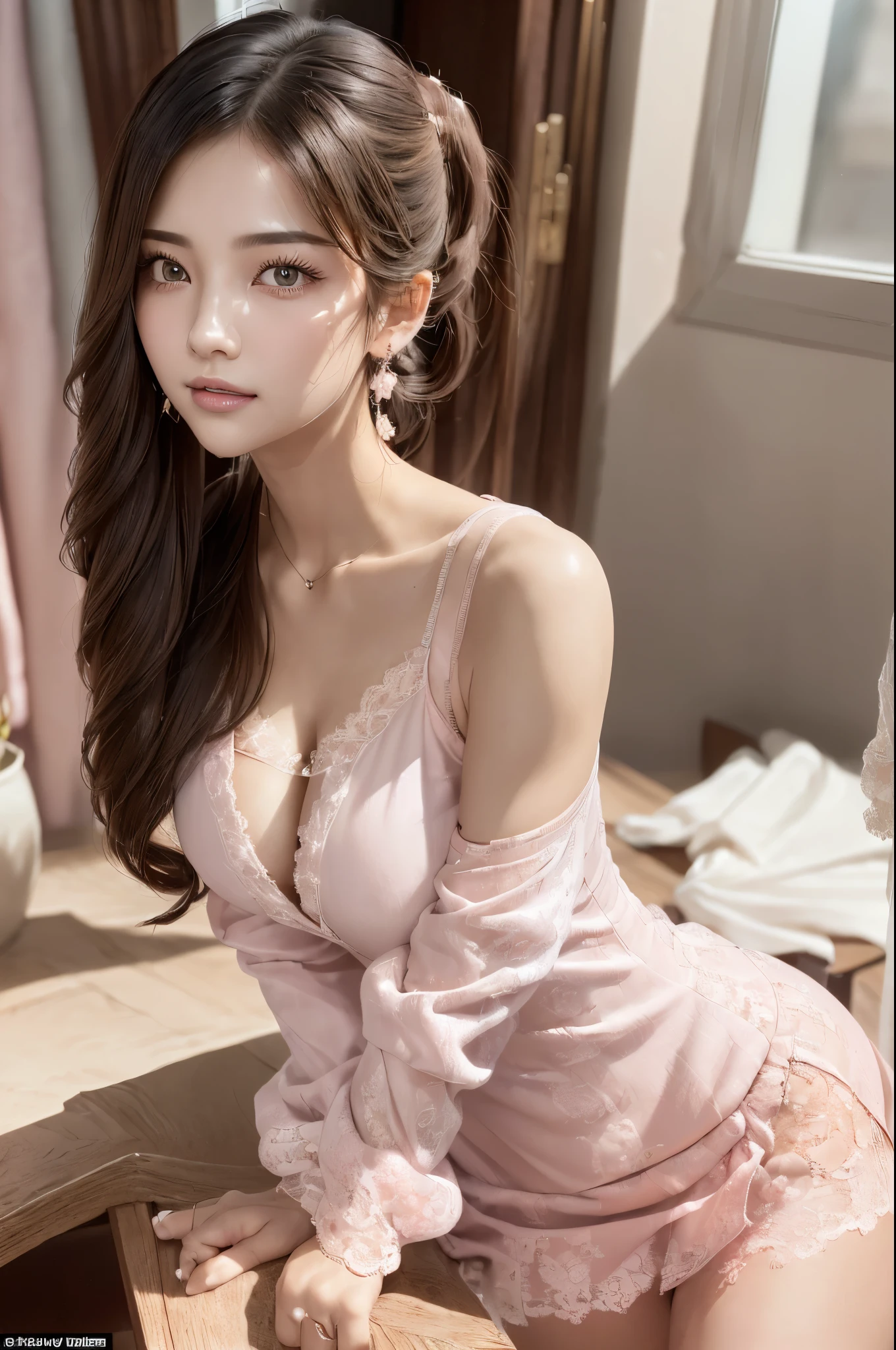 (1 girl), (Surreal: 1.37, Ultra-high resolution: 1.30), (highest quality:1.4), Very cute face, (Highly detailed eyes, Highly detailed face), ((long ponytail)), Real skin texture, RAW Photos, Professional photography, (Beautiful lace light pink camisole dress:1.5), (Light pink open front camisole dress), Skin-tight clothing、(Cleavage:1.2), (Expose your shoulders), Laugh a little, (look at me), Luxurious Room, Portrait of a Girl, Written boundary depth, Cinematic Light, Ray Tracing, (Intricate and detailed beautiful lips, Beautiful Eyes, Detailed characteristics of hair, Detailed facial features, Detailed characteristics of the garment, Embellished Detail Bra, NSFW