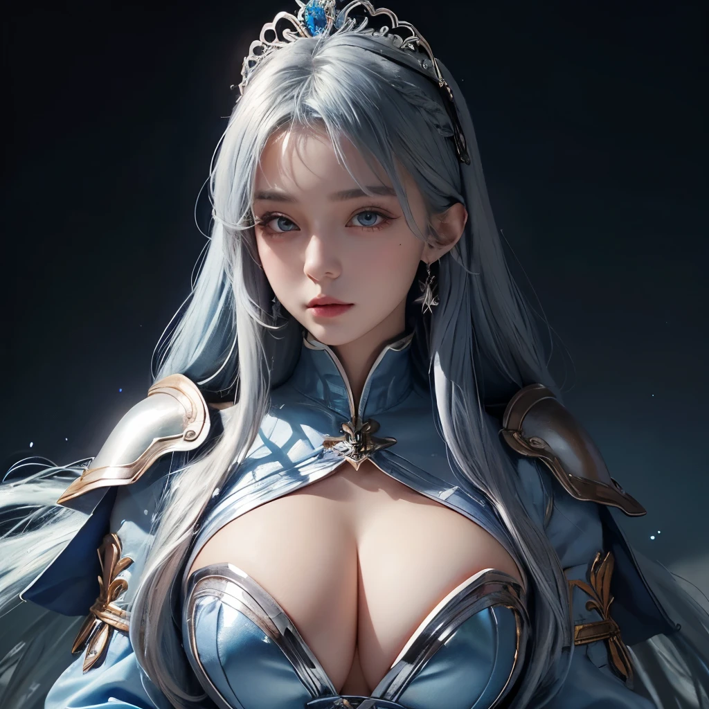 Girl, spellcaster, silver and blue uniform, blue hair, wear tiara, detailed hand, round face, detailed face, full-lenght, sexy pose, big chest, look at camera, camera from top to bottom, detailed, photorealistic, best quality, sea background