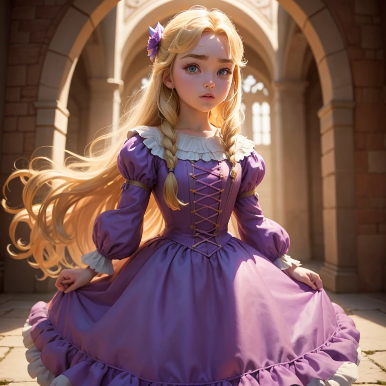 5 years old. Purple cloth. Blonde. Crie florence pugh como Rapunzel. Com bastante detalhes em seu vestido, but that are faithful to Disney animation, Make Your Huge Hair Stand Out, Put it in high resolution