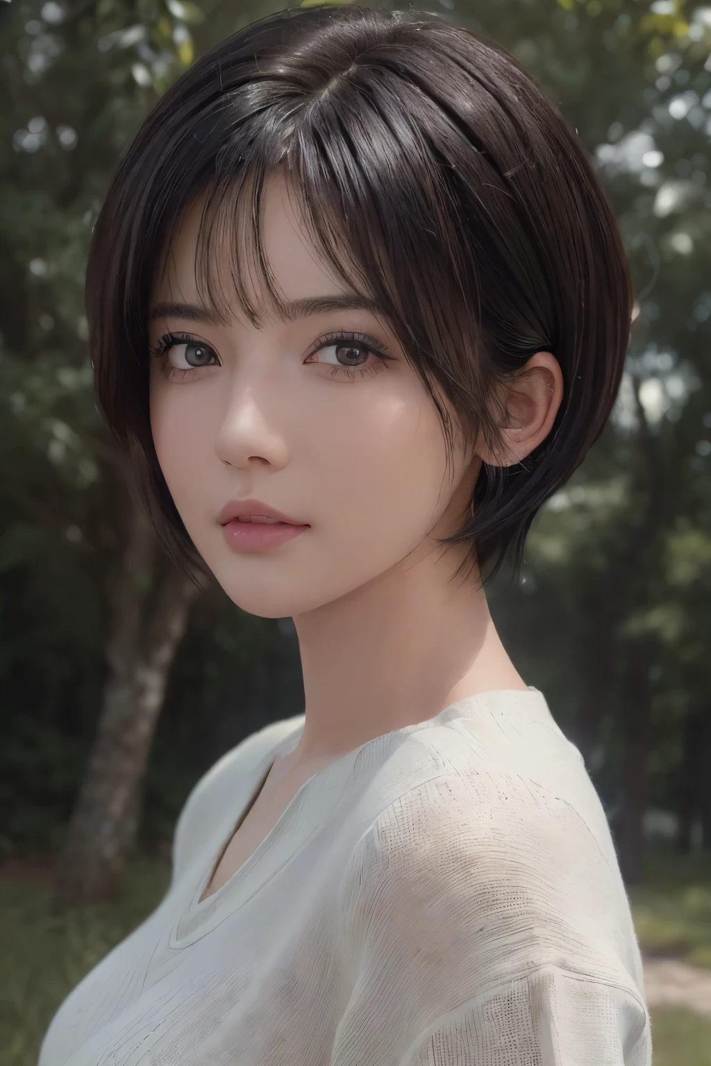 (masterpiece:1.3), (8k, Realistic, RAW Photos, highest quality: 1.4), (One girl), Beautiful Face, (Realistic Face), (Black Hair, short hair:1.3), Beautiful hairstyle, Realistic eyes, Beautiful fine details, (Realistic Skin), Beautiful Skin, (sweater), Absurd, Charm, Ultra-high resolution, Ultra-realistic, Very detailed, Golden Ratio、Upper body naked、tits