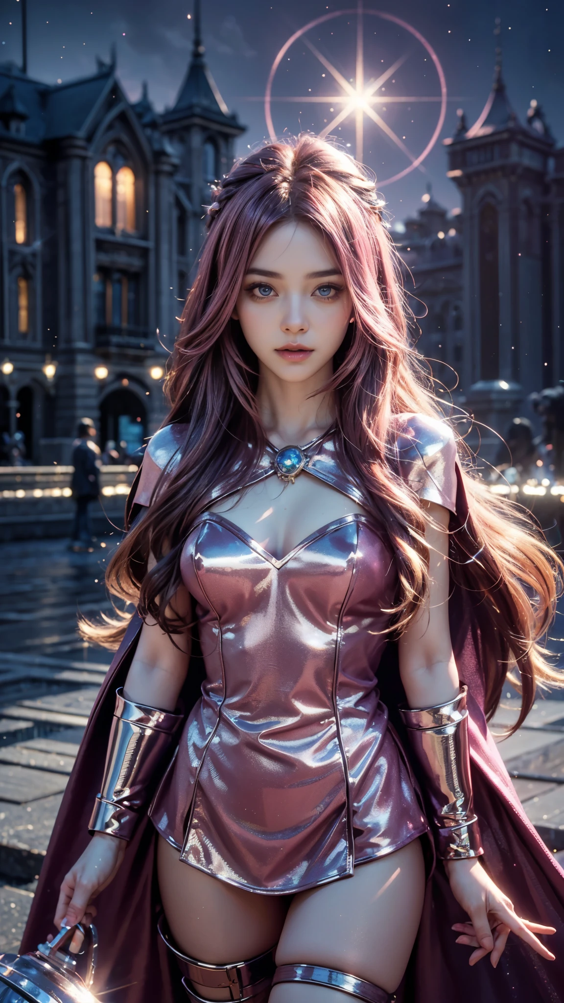 4k, UHD, masterpiece, 1 girl, good face, ((detailed eyes)), very long hair, impressive hairstyle, perfect brasts, fantasy cosplay, ((pink cosplay)), strap cosplay, cape, night city, building, lamps, depth of field, reflection light, ((sparkle)), chromatic aberration,