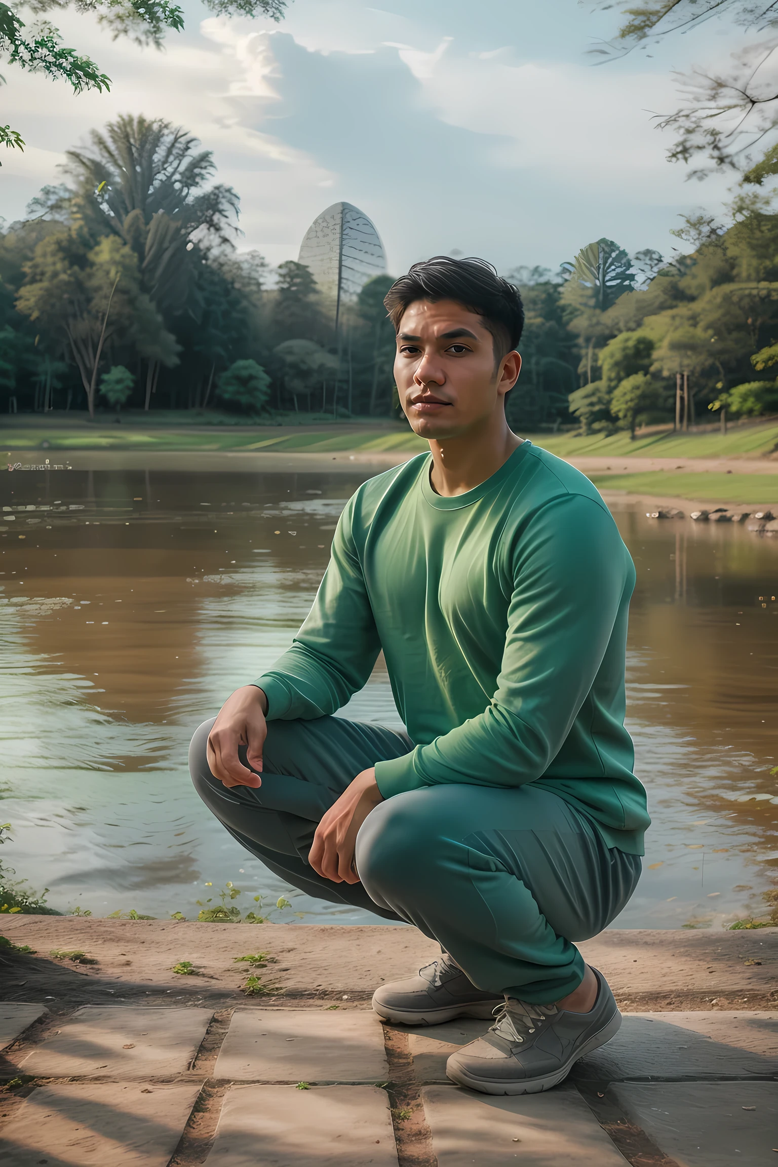 (Realistic photos) , Handsome Thai Man, 20 years old, He was wearing a green shirt and gray jogging pants..., Squatting by the lake in Chiang Mai
