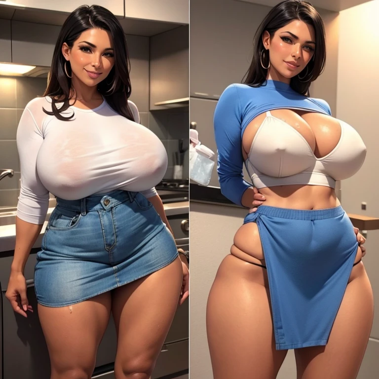 (multiple thick body mature women age 40 American milf super model) wearing open lab jacket with bra and thong panties, kitchen, sfw, smiling greeting viewer, (((make everything as SFW))), ((lift jeanskirt show thong panties to viewer, breasts covered in cream and soap)), standing straight in a line surrounding viewer