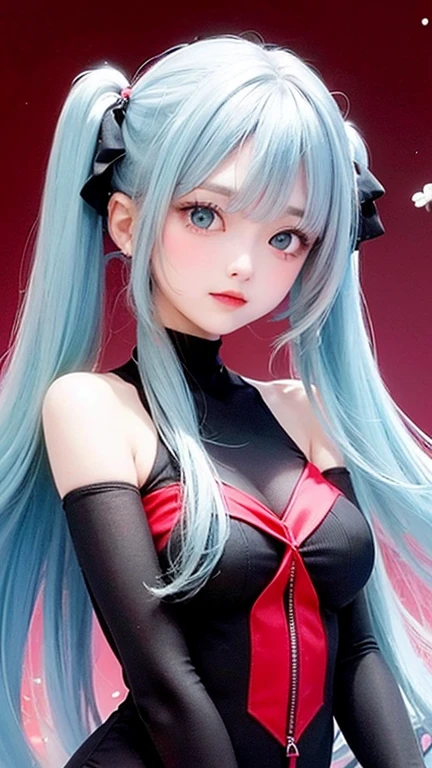 (highest quality, masterpiece), One Girl, Twin tails、stop temporarily, particle, Wind, flower, Upper Body, Simple Background, View your audience, , milky way,smile、Turquoise Eyes、（Silver long hair）、Red eyeshadow、flower柄、See-through、Black bodysuit king、Twin tails、Wind、Crescent Moon
