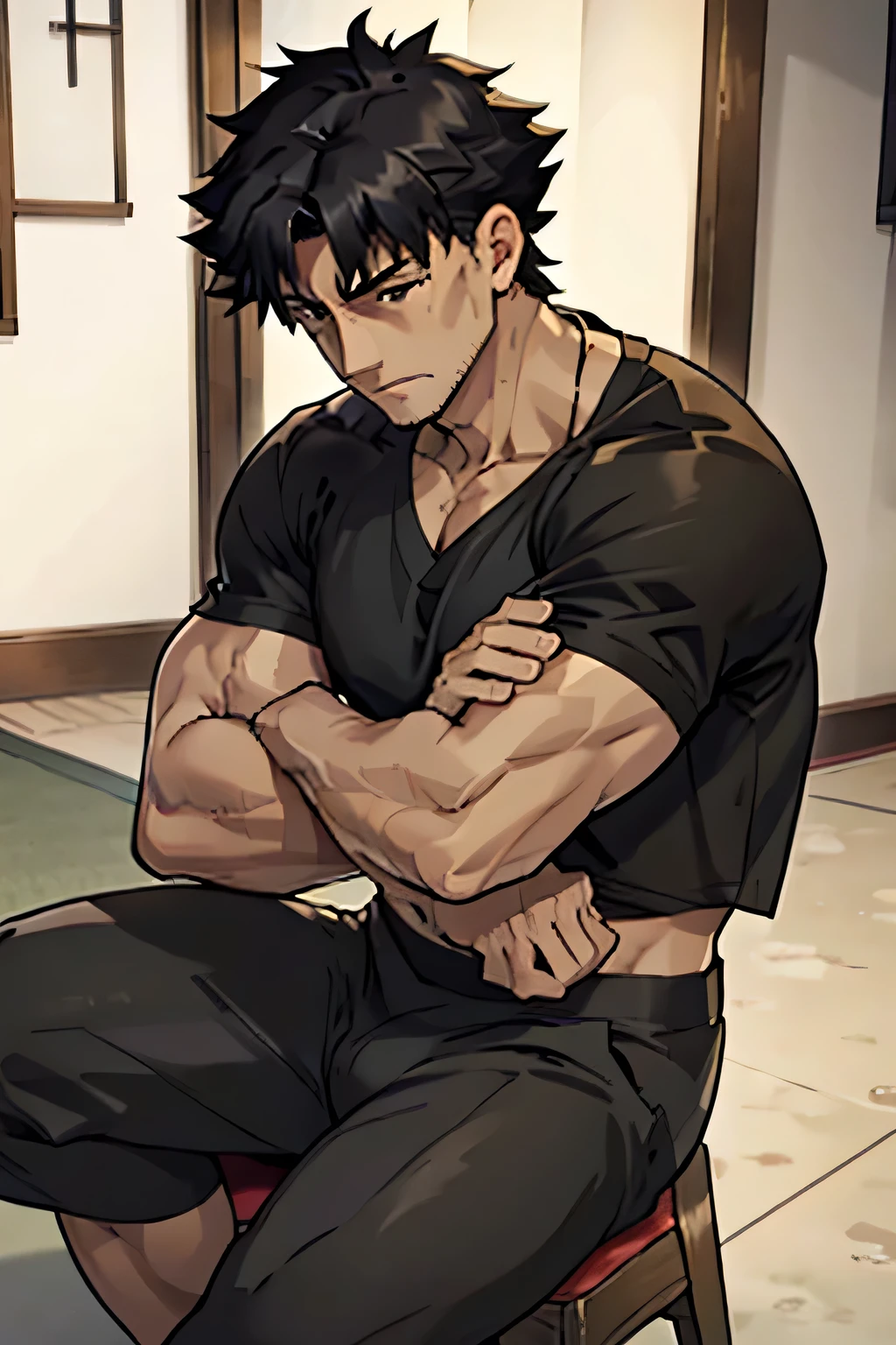 Kiritsugu Emiya,sitting,flexing biceps,showing abs,flexing thighs, black boxershorts,huge veins on biceps,black tshirt, short sleeves