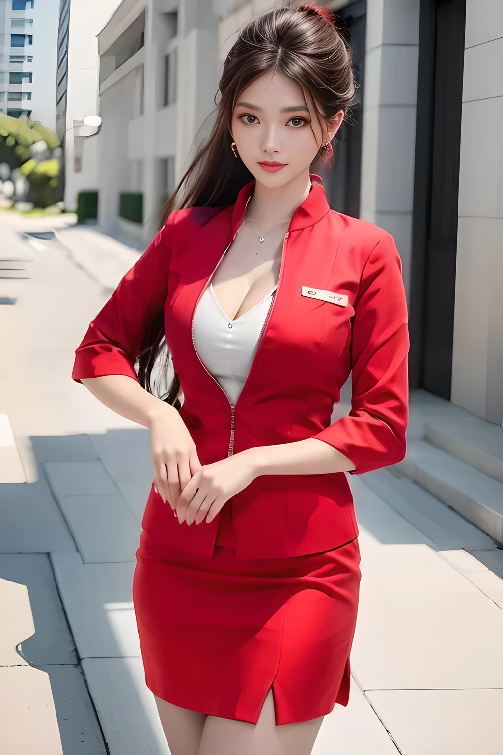 AirAsia red jacket uniform、Long hair down to the legs、Dark brown hair、Hair tied up、Tie your hair back in a ponytail、Luxury earrings、Captivating look、Blue Eyes、Young Asian Woman、