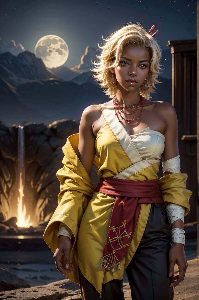 arslanaltan, stunning girlfriend, heart shaped face, elegant face, beautiful face, highly detailed face, highly detailed skin, skin pores, subsurface scattering, realistic pupils, full lips, detailed background, depth of field, atmospheric perspective, volumetric lighting, sharp focus, absurdres, realistic proportions, good anatomy, (realistic, hyperrealistic:1.4), 16k hdr, 1girl, blonde hair, short hair, green eyes, dark skin, brown skin, hair ornament, sash, baggy pants, bandages, bare shoulders, necklace, (Masterpiece, Best Quality, Highres:1.2), Detailed, Intricate Details, 4K, solo, cowboy shot, high rating, standing, rooftop, city, looking at viewer, night, stars, moon