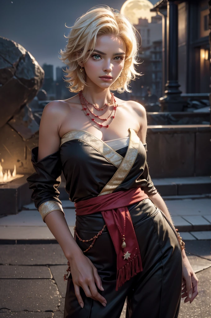 arslanaltan, stunning girlfriend, heart shaped face, elegant face, beautiful face, highly detailed face, highly detailed skin, skin pores, subsurface scattering, realistic pupils, full lips, detailed background, depth of field, atmospheric perspective, volumetric lighting, sharp focus, absurdres, realistic proportions, good anatomy, (realistic, hyperrealistic:1.4), 16k hdr, 1girl, blonde hair, short hair, green eyes, dark skin, brown skin, hair ornament, sash, baggy pants, bandages, bare shoulders, necklace, (Masterpiece, Best Quality, Highres:1.2), Detailed, Intricate Details, 4K, solo, cowboy shot, high rating, standing, rooftop, city, looking at viewer, night, stars, moon