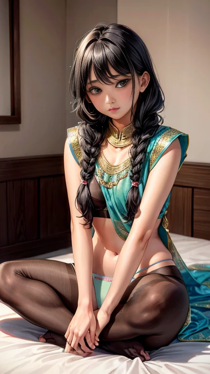 Indian Girl, 25 year old, hot transparent sari, sleeping on bed, hot yoga, calm and frosty, detailed body, detailed face, gorgeous, ultra realistic, cute, long braided hair, ambient lighting, detailed background, volumetric lighting, shadow, 8k, shot with Sony fuji camera,
、((witheout panties))、(camel toes)、(Half)、(pantyhose、、、、)、(Sitting on legs bending the knees)), spread pussy