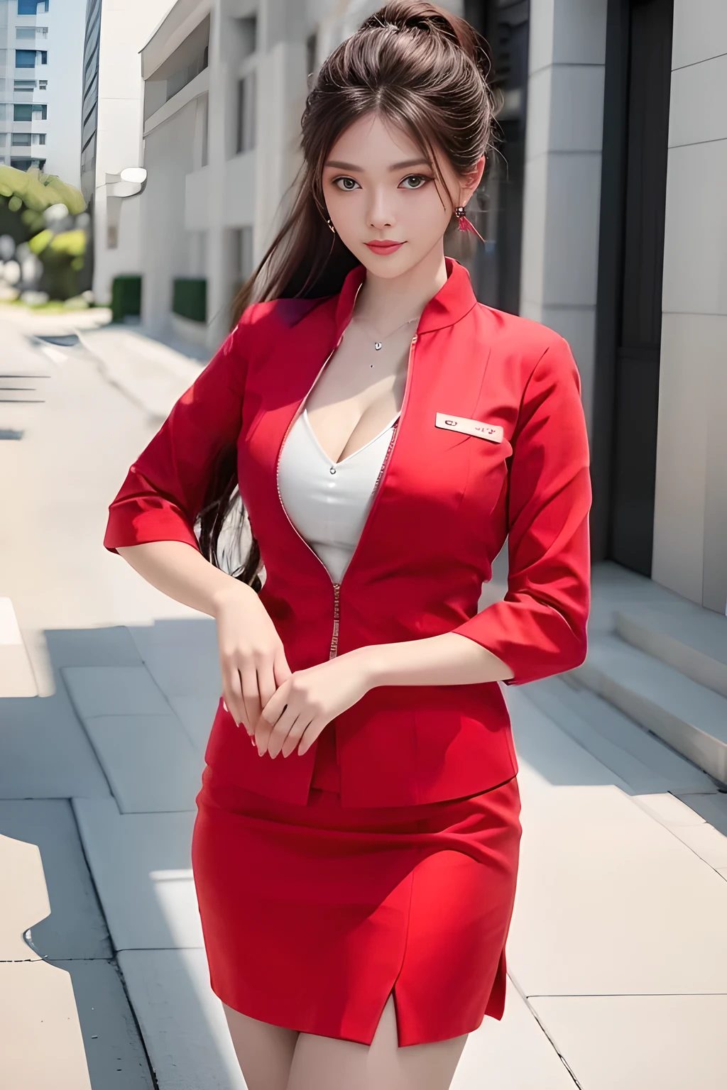 AirAsia red jacket uniform、Long hair down to the legs、Dark brown hair、Hair tied up、Tie your hair back in a ponytail、Luxury earrings、Captivating look、Blue Eyes、Young Asian Woman、