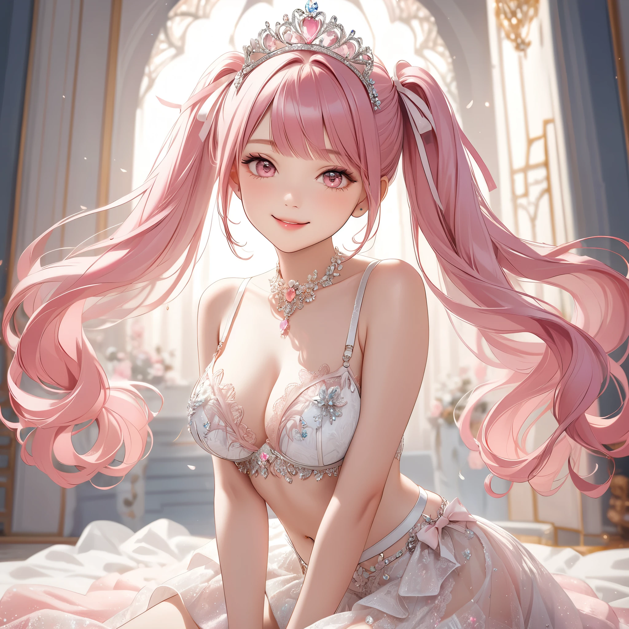 (8K, masutepiece, Highest Quality, Best Quality, Official art, Breathtaking beauty and aesthetics, A highly detailed, The best masterpiece in history that exceeds limits, Breathtaking and beautiful lighting:1.2), (1 Beautiful Girl, Solo), (), (Beautiful detailed face), (shiny white skin), (Beautiful detailed pink twin tails hair, Bangs:1.3), (beautiful detailed drooping pink eyes:1.5), break, (Beautiful detailed Luxurious white lingerie, Beautiful detailed white See-through intricate lace bra and panties, cute bow ribbon, cute frills, silver thread), (Beautiful Luxurious Diamonds Tiara), (Beautiful big bust:1.3), (happy Beautiful Gentle cute innocent smile), (Attractive, amazing, Elegant, Luxurious, Eye-catching, Graceful, Everyone loves it, Beauty that fascinates everyone, Healed, The highest level of complete beauty, cute like an idol, Stylish like a fashion model, Goddess-like grace, Look at the camera, cute pose), (ultra detailed realistic Breathtakingly beautiful Luxurious room:1.2),